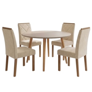 Mesa de Jantar Redonda Dani MDF Com 4 Cadeiras Estofadas Suede Off White Nude MOLCI