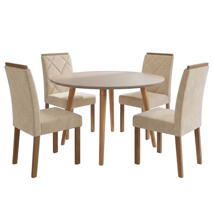 Mesa de Jantar Redonda Dani MDF Com 4 Cadeiras Estofadas Suede Off White Nude MOLCI