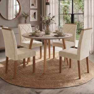 Mesa de Jantar Redonda Dani MDF Com 4 Cadeiras Estofadas Suede Off White Nude MOLCI