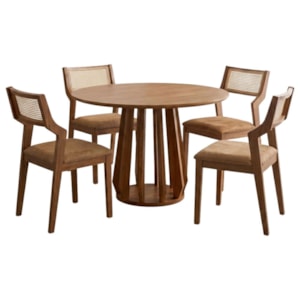 Mesa de Jantar Redonda Pitanga Com 4 Cadeiras Estofadas Acai Corino Kaki NATUEM