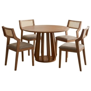 Mesa de Jantar Redonda Pitanga Com 4 Cadeiras Estofadas Acai Linho Bege NATUEM