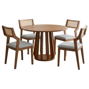 Mesa de Jantar Redonda Pitanga Com 4 Cadeiras Estofadas Acai Linho Cinza NATUEM