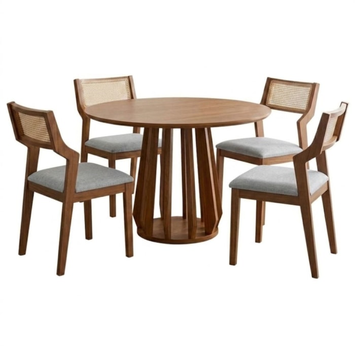 Mesa de Jantar Redonda Pitanga Com 4 Cadeiras Estofadas Acai Linho Cinza NATUEM