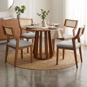 Mesa de Jantar Redonda Pitanga Com 4 Cadeiras Estofadas Acai Linho Cinza NATUEM