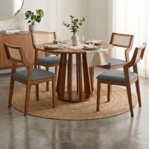 Mesa de Jantar Redonda Pitanga Com 4 Cadeiras Estofadas Acai Linho Grafite NATUEM