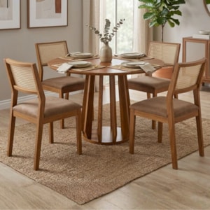 Mesa de Jantar Redonda Pitanga Com 4 Cadeiras Estofadas Tamarindo Corino Kaki NATUEM