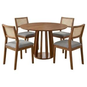 Mesa de Jantar Redonda Pitanga Com 4 Cadeiras Estofadas Tamarindo Linho Cinza NATUEM