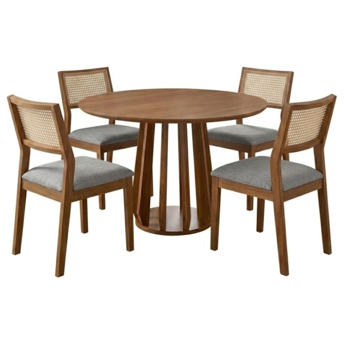 Mesa de Jantar Redonda Pitanga Com 4 Cadeiras Estofadas Tamarindo Linho Cinza NATUEM