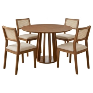 Mesa de Jantar Redonda Pitanga Com 4 Cadeiras Estofadas Tamarindo Trama Bege NATUEM