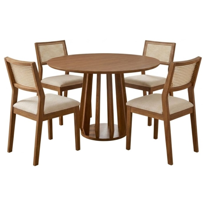 Mesa de Jantar Redonda Pitanga Com 4 Cadeiras Estofadas Tamarindo Trama Bege NATUEM