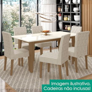 Mesa De Jantar Tampo Sem Vidro 6 Lugares 160x90 cm Liz Carvalho Off White POLIMAN
