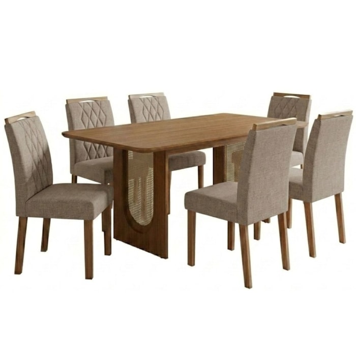 Mesa de Jantar Valentina MDF Com 6 Cadeiras Estofadas Linho Bege MOLCI