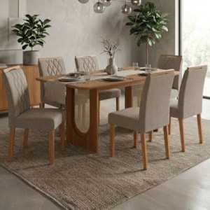Mesa de Jantar Valentina MDF Com 6 Cadeiras Estofadas Linho Bege MOLCI