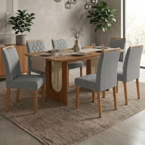 Mesa de Jantar Valentina MDF Com 6 Cadeiras Estofadas Linho Grafite MOLCI