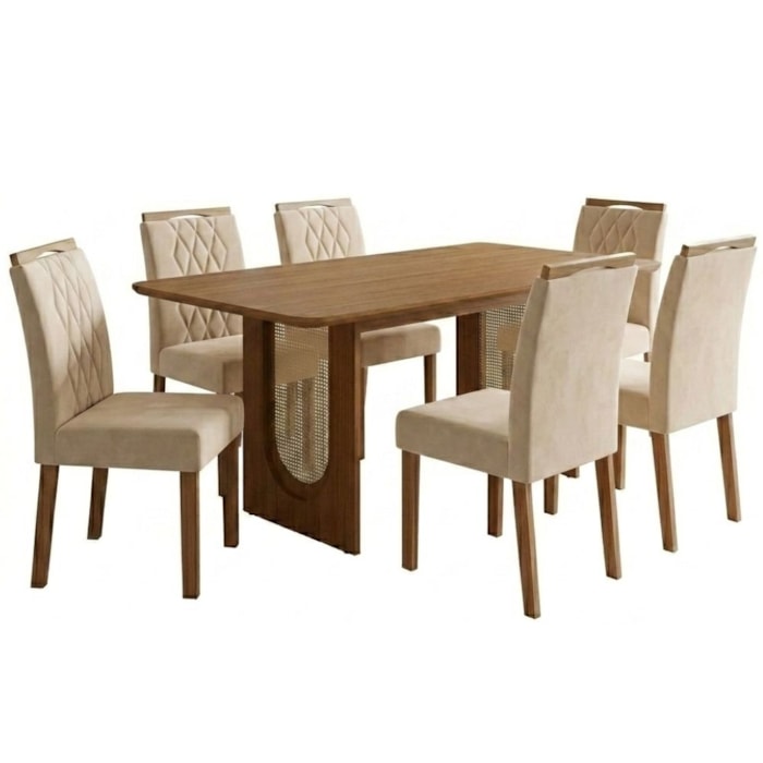 Mesa de Jantar Valentina MDF Com 6 Cadeiras Estofadas Suede Nude MOLCI