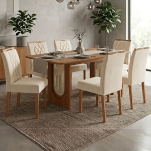 Mesa de Jantar Valentina MDF Com 6 Cadeiras Estofadas Suede Nude MOLCI