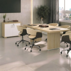 Mesa de Reuniao Escritorio 205X91 cm E Balcao 2 Portas 90 cm Carvalho Branco Artany