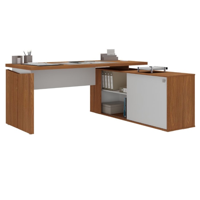 Mesa Escritorio 1 Porta de Correr Em L Tampo Tamburato 155X170 cm Freijo Branco Artany