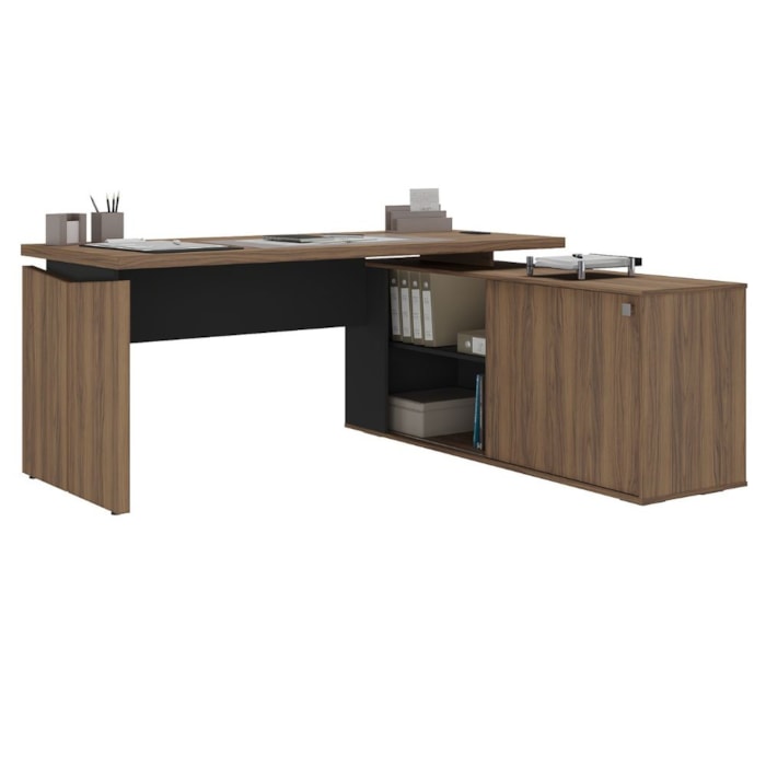 Mesa Escritorio 1 Porta de Correr Em L Tampo Tamburato 155X170 cm Nogal Preto Artany