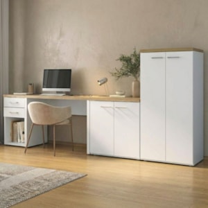 Mesa Escritorio 120 cm Com Gaveteiro Armario E Balcao Olmo Branco Artany