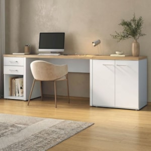 Mesa Escritorio 120 cm Com Gaveteiro E Balcao Olmo Branco Artany