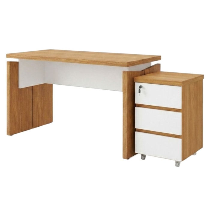 Mesa Escritorio 125 cm e Gaveteiro 3 Gavetas Freijo Branco Artany