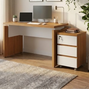 Mesa Escritorio 125 cm e Gaveteiro 3 Gavetas Freijo Branco Artany
