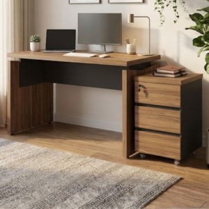 Mesa Escritorio 125 cm e Gaveteiro 3 Gavetas Nogal Preto Artany