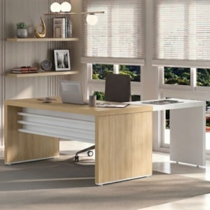 Mesa Escritorio 136X60 cm Com Mesa de Apoio 89 cm E 2 Prateleiras Suspensas Carvalho Branco Artany
