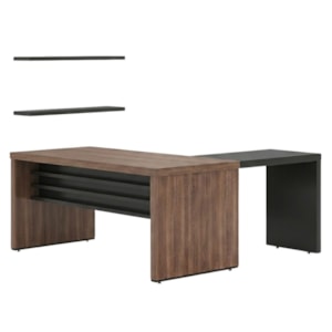 Mesa Escritorio 136X60 cm Com Mesa de Apoio 89 cm E 2 Prateleiras Suspensas Nogal Preto Artany