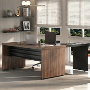 Mesa Escritorio 136X60 cm Com Mesa de Apoio 89 cm E 2 Prateleiras Suspensas Nogal Preto Artany