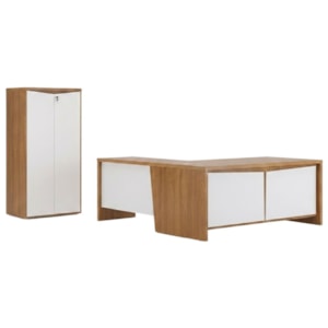 Mesa Escritorio 3 Gavetas 2 Portas Em L 190X180 cm E Armario 2 Portas 160X77 cm Freijo Branco Artany