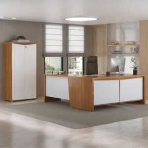 Mesa Escritorio 3 Gavetas 2 Portas Em L 190X180 cm E Armario 2 Portas 160X77 cm Freijo Branco Artany