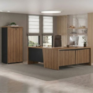 Mesa Escritorio 3 Gavetas 2 Portas Em L 190X180 cm E Armario 2 Portas 160X77 cm Nogal Preto Artany