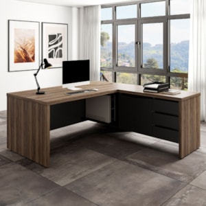 Mesa Escritorio 3 Gavetas 2 Portas Em L Tampo Tamburato 190X180 cm Nogal Preto Artany