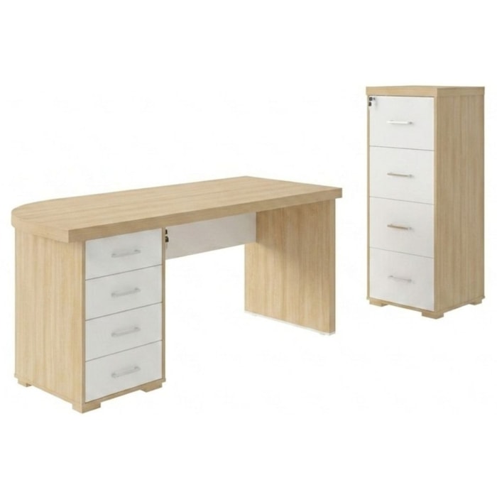 Mesa Escritorio 4 Gavetas 180X80 cm E Armario Arquivo 132X47 cm 4 Gavetas Carvalho Branco Artany