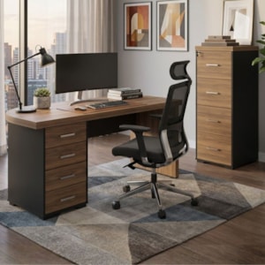 Mesa Escritorio 4 Gavetas 180X80 cm E Armario Arquivo 132X47 cm 4 Gavetas Nogal Preto Artany