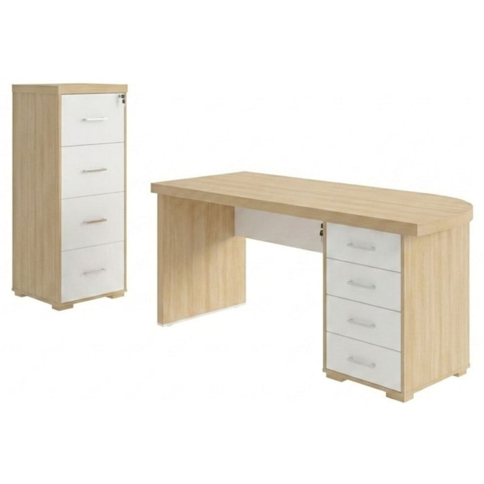 Mesa Escritorio 4 Gavetas 180X80 cm E Armario Arquivo 4 Gavetas 132X47 cm Carvalho Branco Artany