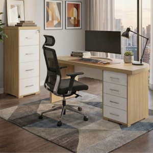 Mesa Escritorio 4 Gavetas 180X80 cm E Armario Arquivo 4 Gavetas 132X47 cm Carvalho Branco Artany