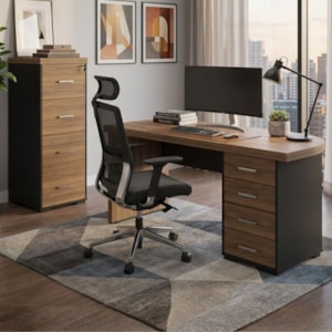 Mesa Escritorio 4 Gavetas 180X80 cm E Armario Arquivo 4 Gavetas 132X47 cm Nogal Preto Artany