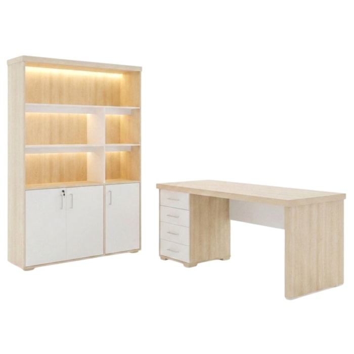Mesa Escritorio 4 Gavetas 180X80 cm E Estante Com LED 193X136 cm 3 Portas Carvalho Branco Artany