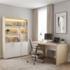 Mesa Escritorio 4 Gavetas 180X80 cm E Estante Com LED 193X136 cm 3 Portas Carvalho Branco Artany