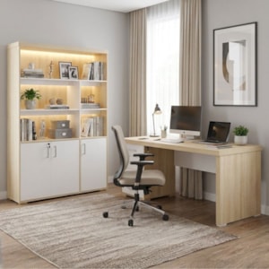 Mesa Escritorio 4 Gavetas 180X80 cm E Estante Com LED 193X136 cm 3 Portas Carvalho Branco Artany