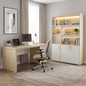Mesa Escritorio 4 Gavetas 180X80 cm E Estante Com LED 3 Portas 193X136 cm Carvalho Branco Artany