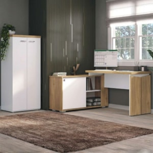 Mesa Escritorio Em L 168X135 cm E Armario 140X70 cm Olmo Branco Artany