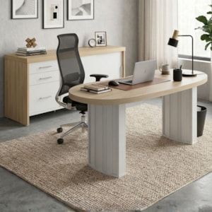 Mesa Escritorio Organica 200X90 cm E Balcão 3 Gavetas 2 Portas 161 cm Carvalho Branco Artany