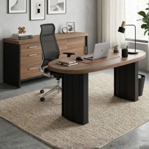 Mesa Escritorio Organica 200X90 cm E Balcão 3 Gavetas 2 Portas 161 cm Nogal Preto Artany
