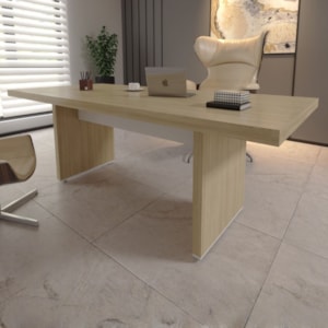 Mesa Escritorio Tampo Tamburato 205x91 cm Carvalho Branco Artany