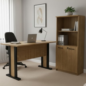 Mesa Escrivaninha 117 cm Armario Escritorio 02 Portas Com Chave Amendoa Preto Tecno Mobili