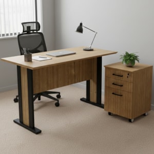 Mesa Escrivaninha 117 cm Gaveteiro Pasta Suspensa Com Chave Amendoa Preto Tecno Mobili